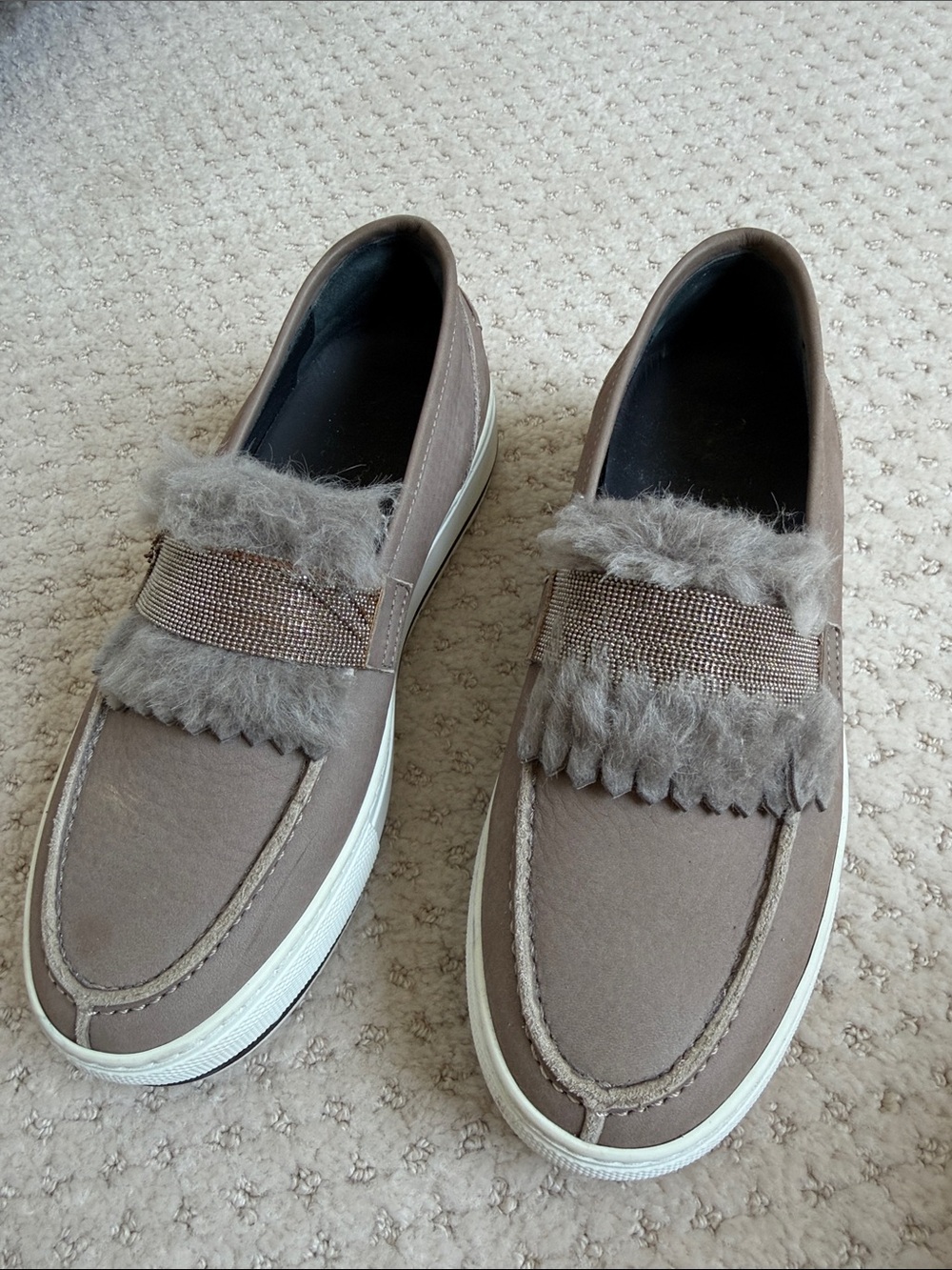 Brunello Cucinelli Taupe Women's Slip-On Loafers with Fur Trim